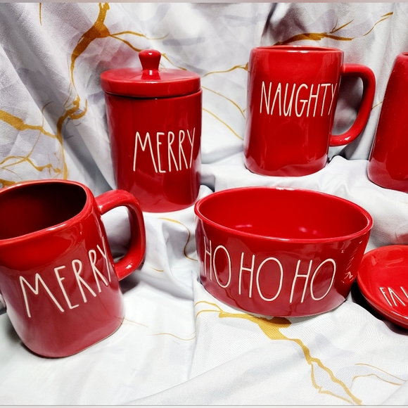 Rae Dunn set 8 Christmas Red Ceramic Coffe Mugs 16 Oz mugs sugar jar bowl exct - Picture 3 of 9